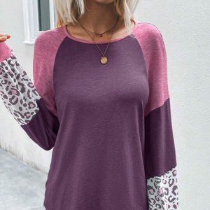 Pink & Purple Leopard Print Color block Tee Shirt NEW Fall Fashion Size XL 12